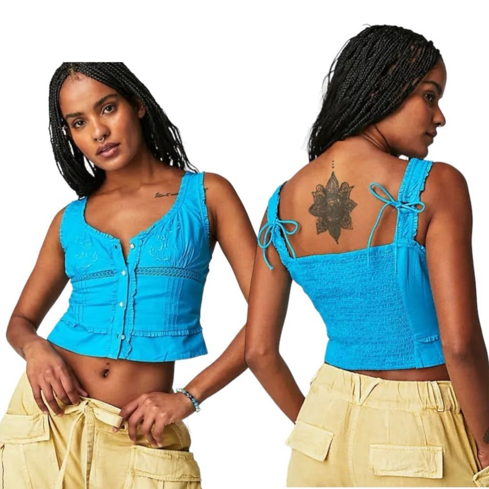 Free People Blue Kerry Crop Embroidered Lace Cotton Tank Extra Small